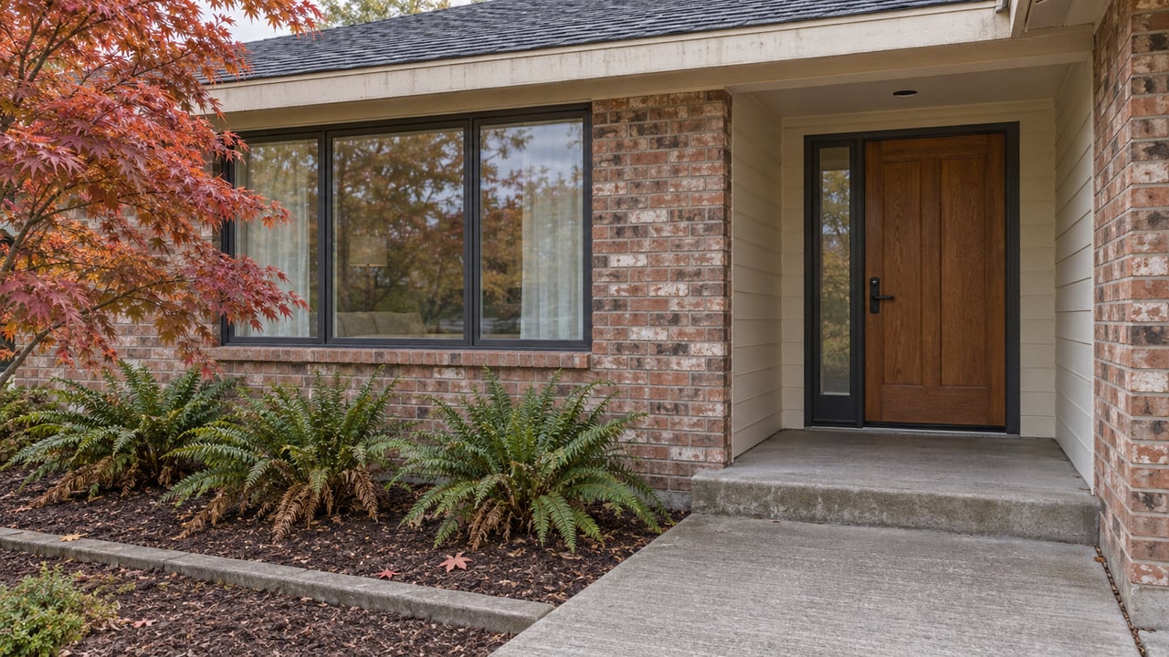 An updated brick home entry with an oak door, charcoal-framed window, weathered concrete step and copper-red maple leaves.