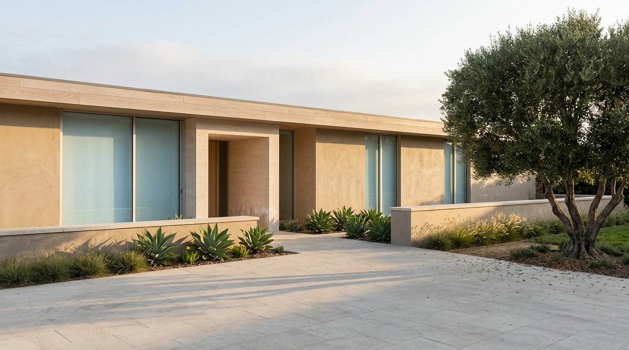 Modern stucco home with glazed entry, pale stone motor court, and a mature olive tree in warm sunlight.