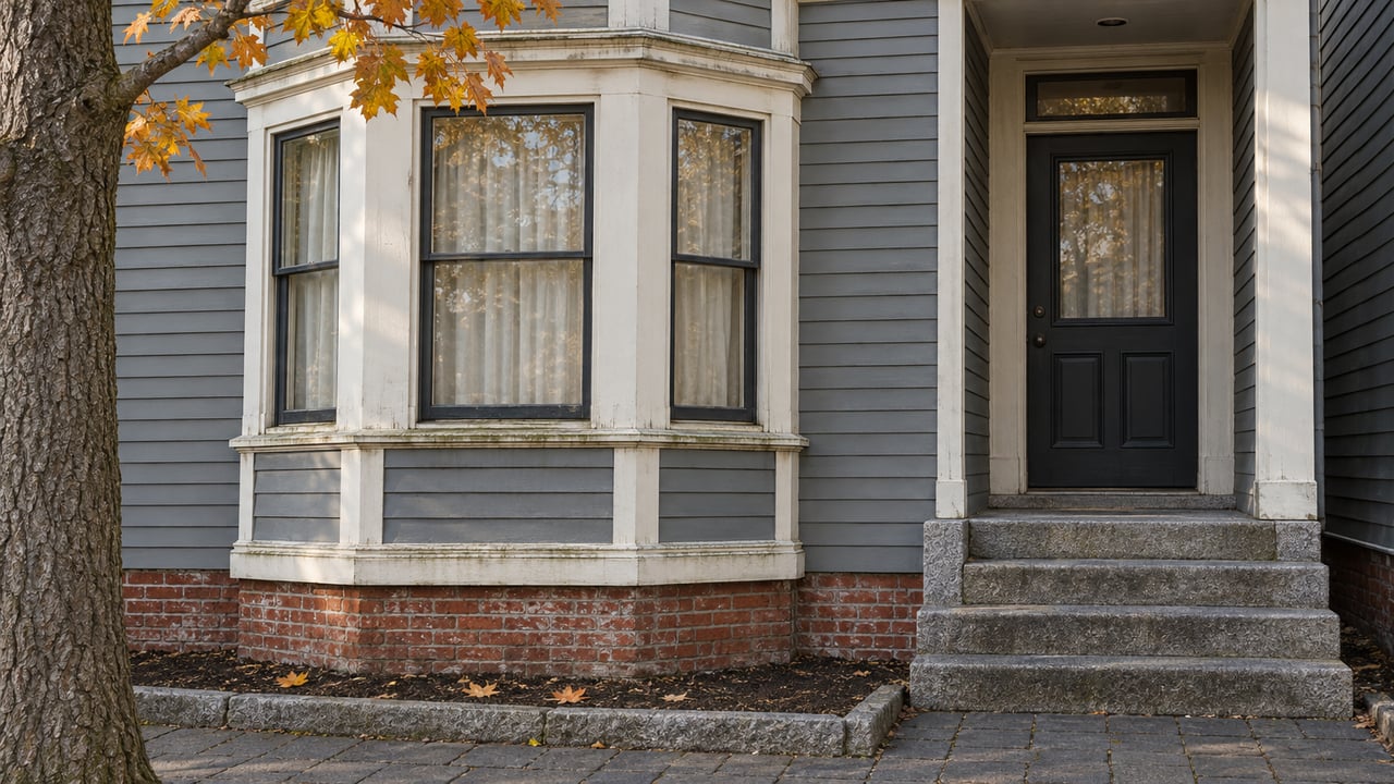 Gray clapboard multifamily facade with white-trimmed bay windows, a recessed entry, granite steps and autumn maple leaves.