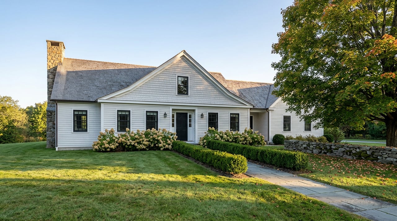 Shingle-and-clapboard house with a stone chimney, bluestone walk, low stone wall, and maple beginning to turn.