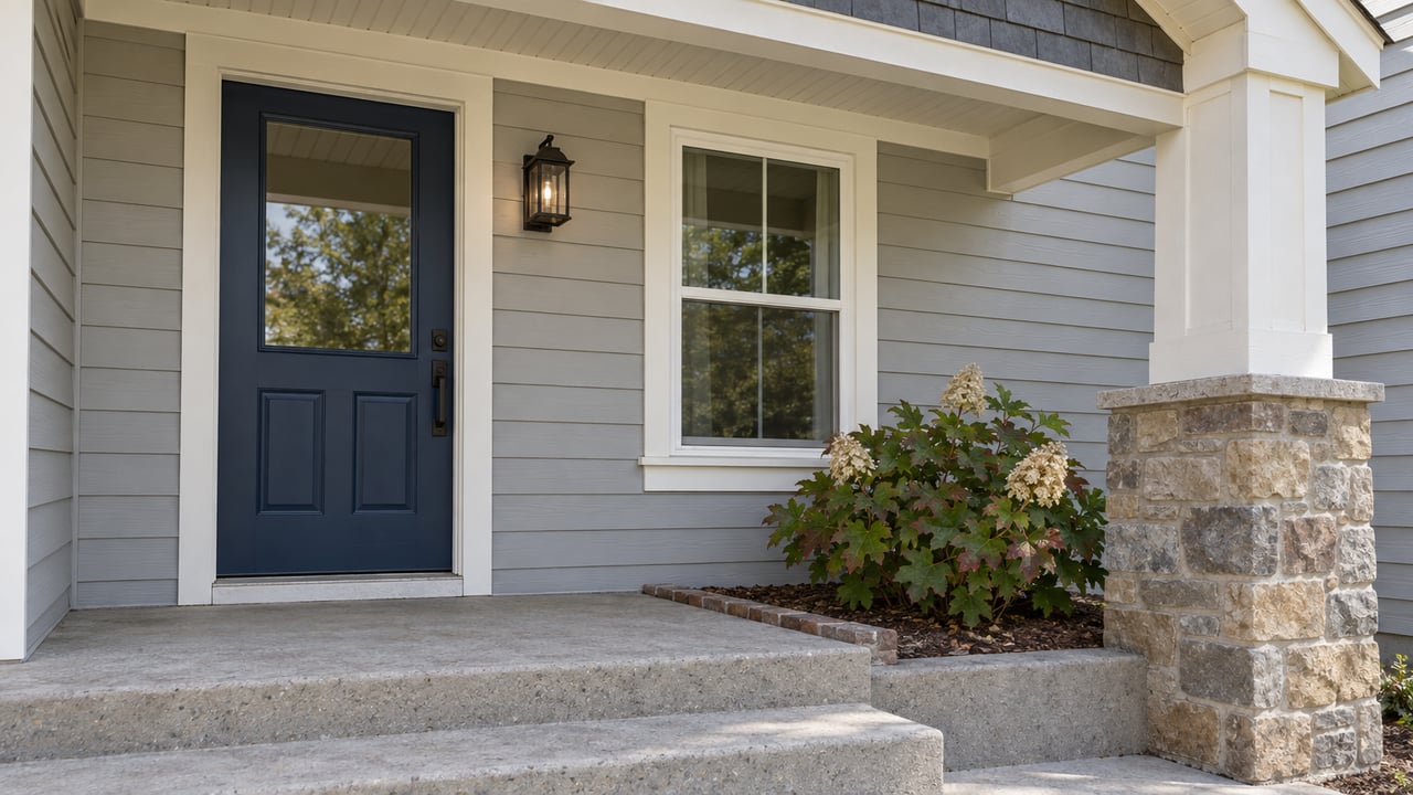 Covered front porch with a dark blue entry door, gray siding, hydrangeas, and a stone column.