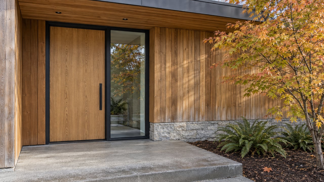 Cedar-clad home entry with an oak door, black-framed sidelight, concrete landing and autumn vine maple.