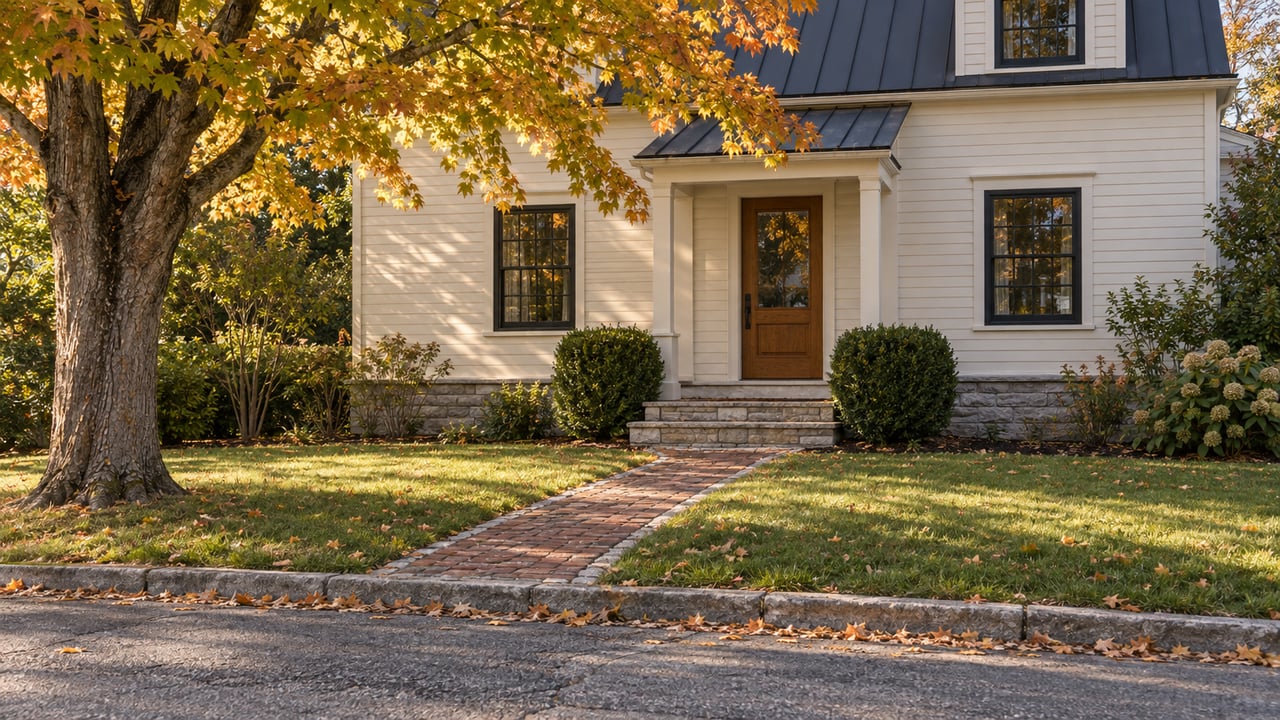 Cream clapboard cottage with a charcoal roof, brick walk, limestone steps, and an amber maple beside the street.