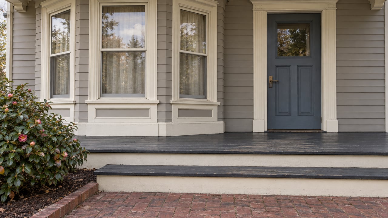 Close view of a gray wood-sided home with cream bay-window trim, a slate-blue front door and worn painted porch steps beside a camellia.