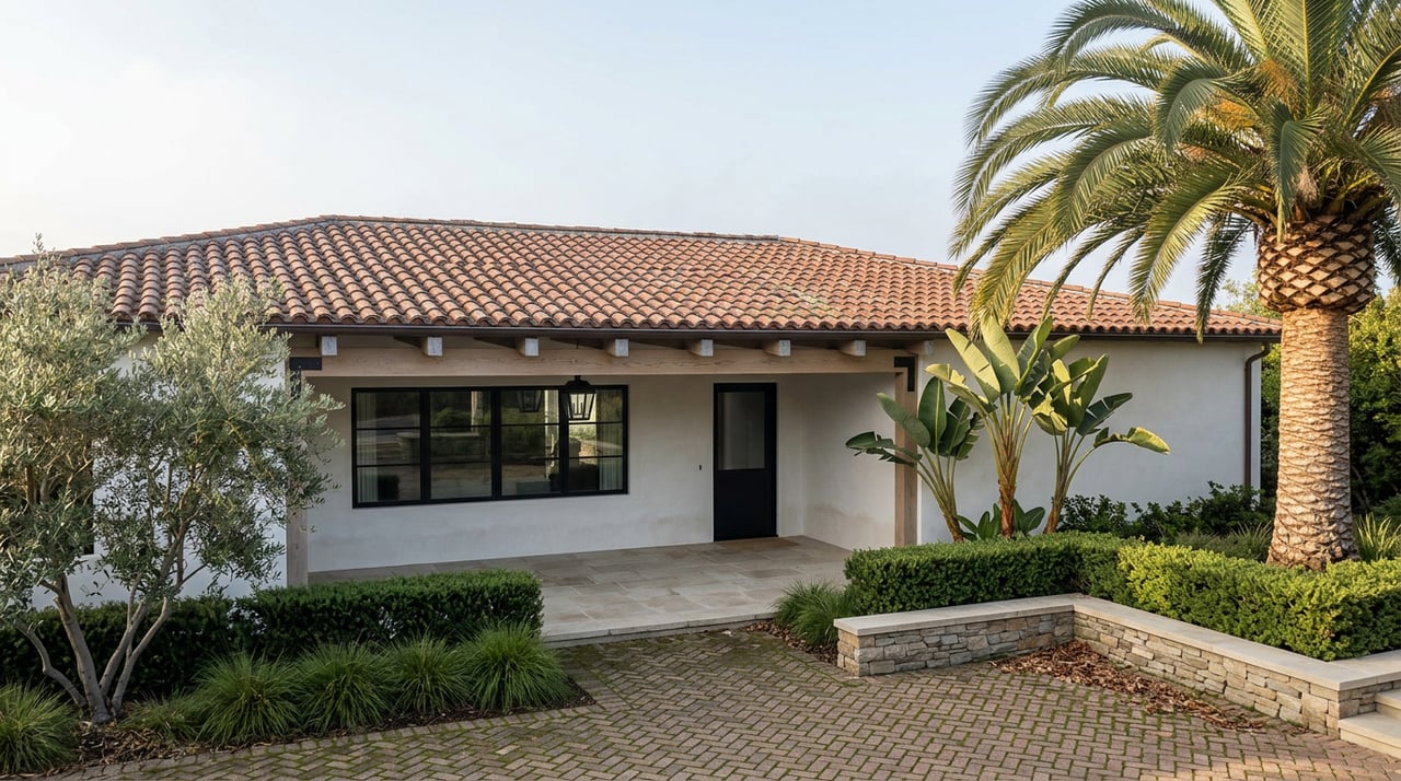 Coastal home with an ochre tile roof, timber entry terrace, limestone paving, and a palm rising above the forecourt.