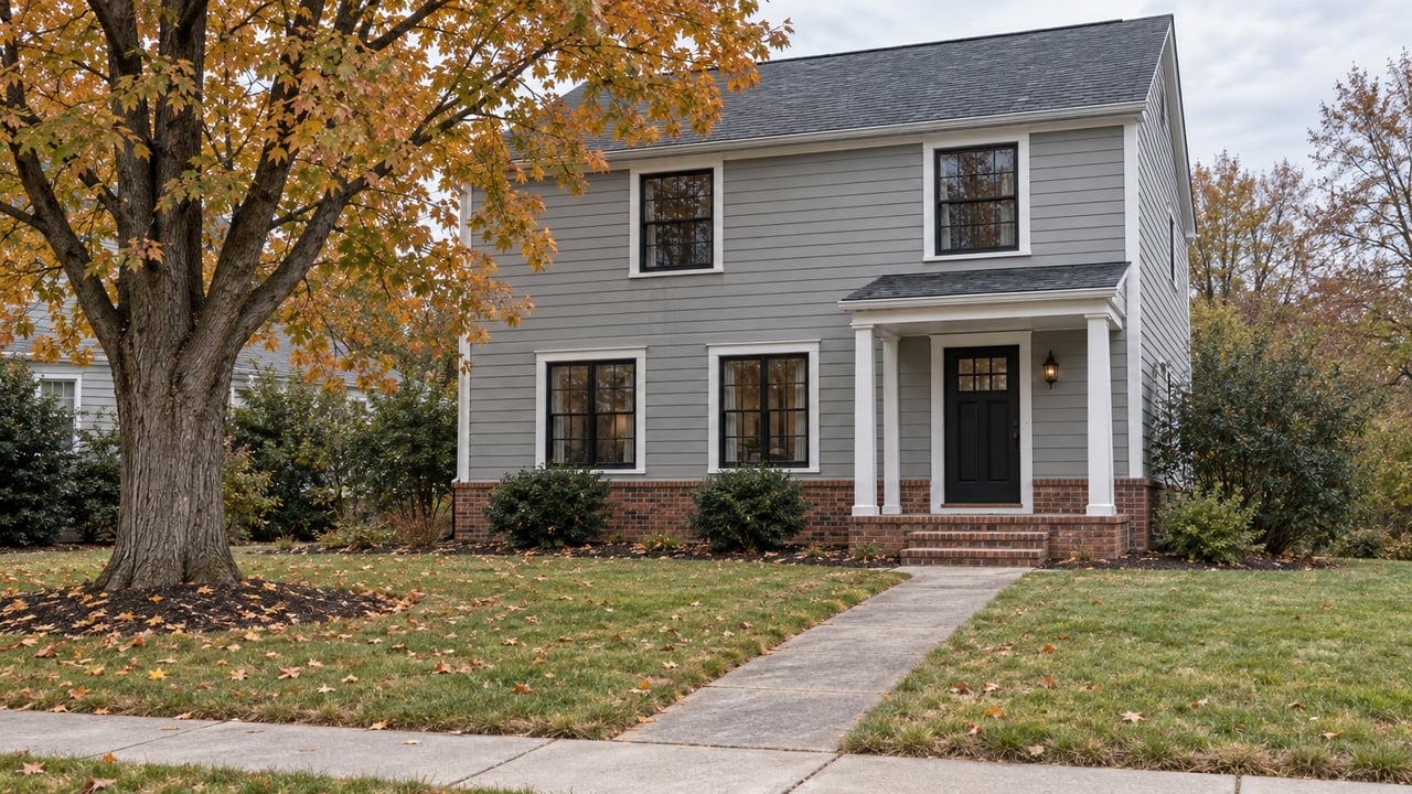 Compact two-story gray house with a brick stoop, broad lawn, and thinning amber tree at left.