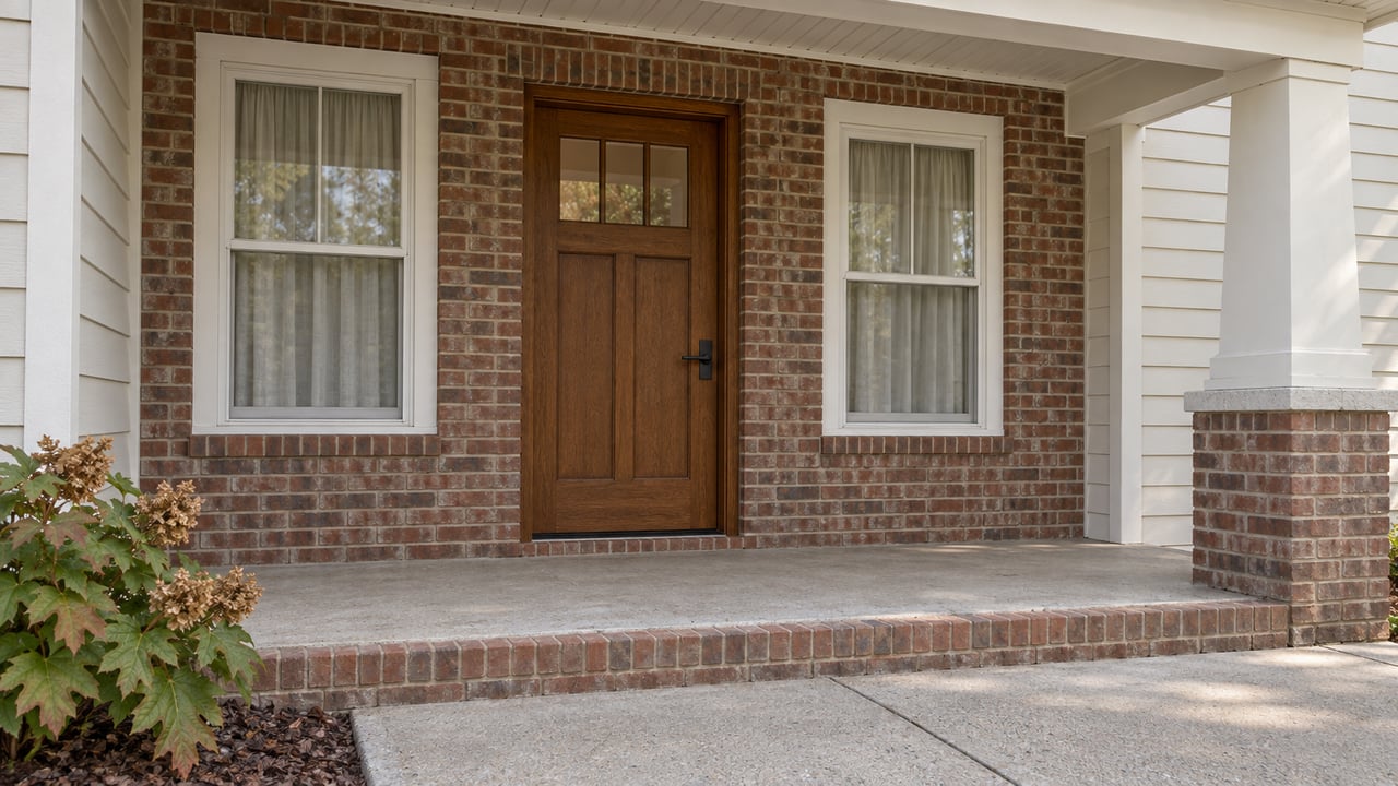 Covered entry porch with warm-white siding, red-brown brick, a stained wood door and matching windows beside an oakleaf hydrangea.