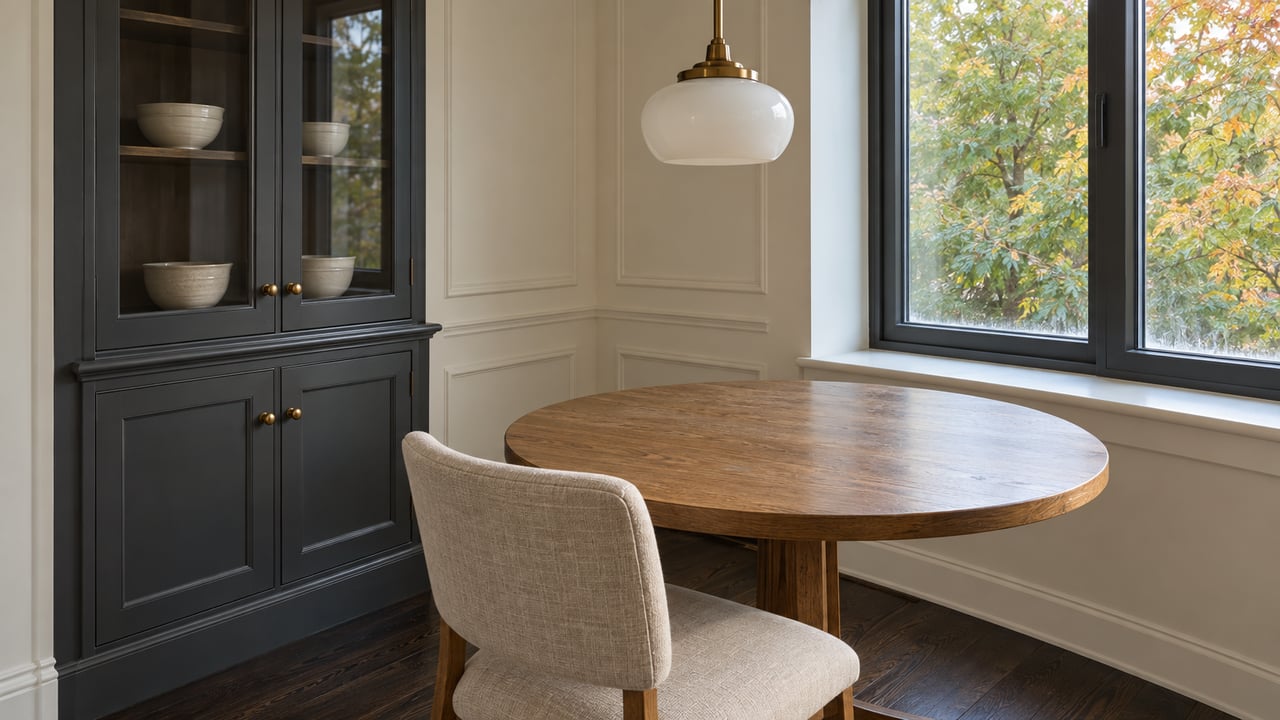 Condominium dining corner with charcoal glass-front cabinetry, an oak table, linen chair and autumn maple foliage outside a closed window.