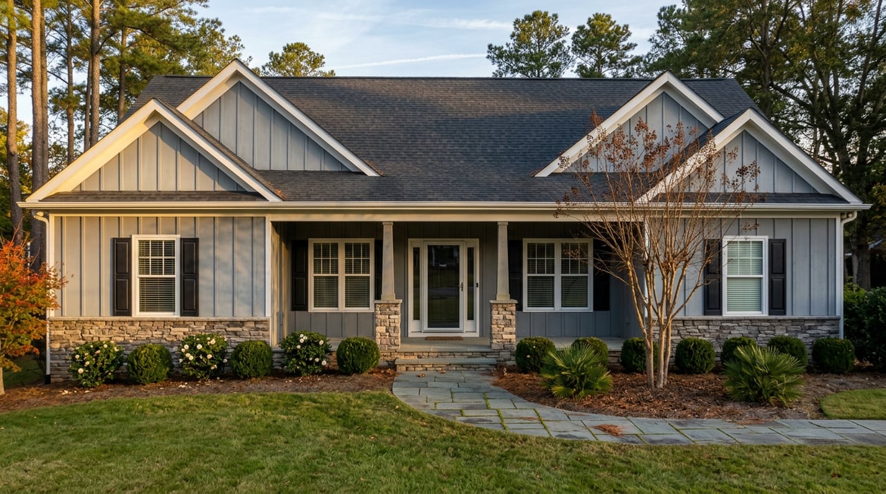 Gabled gray home with stone porch columns, curving walkway, lawn, and a red maple.