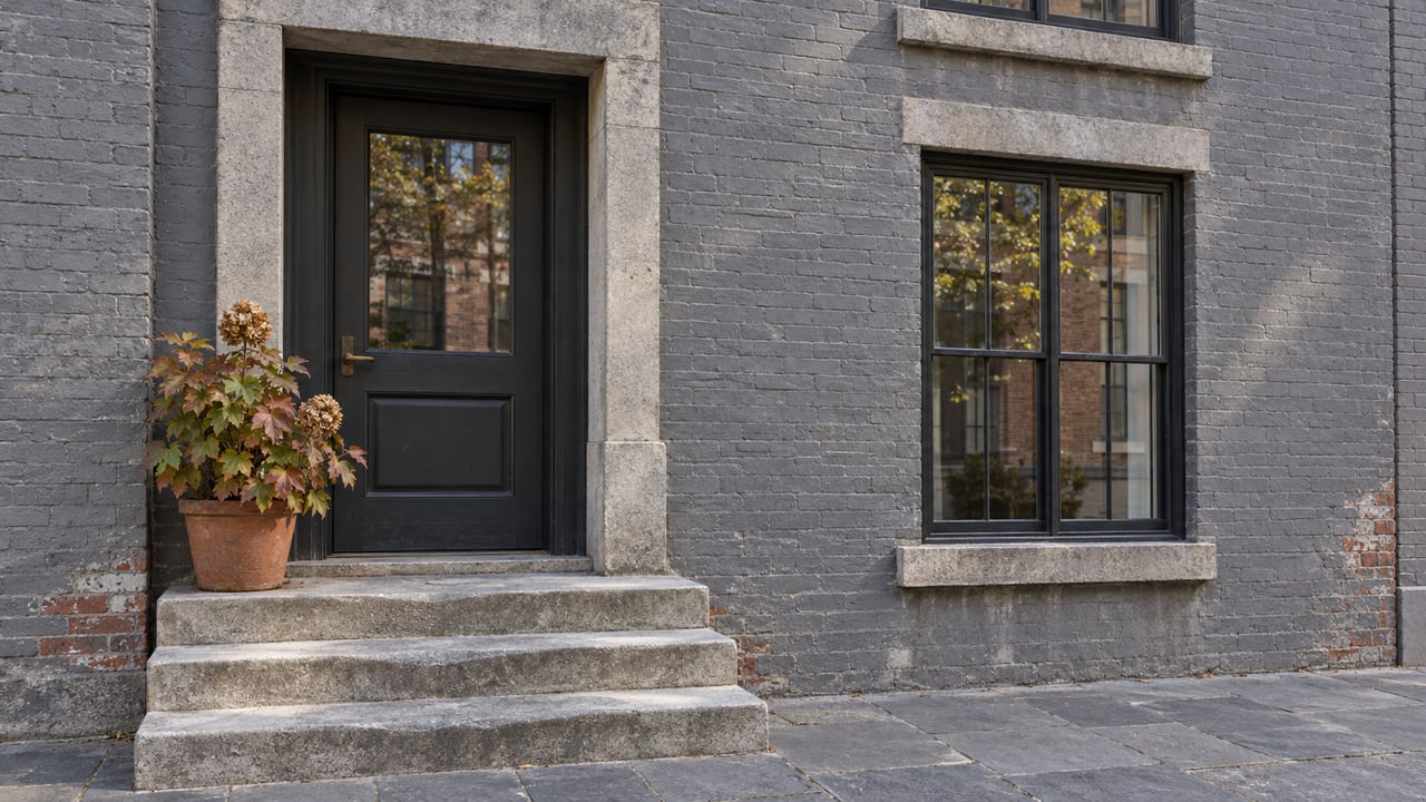 Gray brick townhouse entrance with black divided-light windows, worn limestone steps, and one potted oakleaf hydrangea.