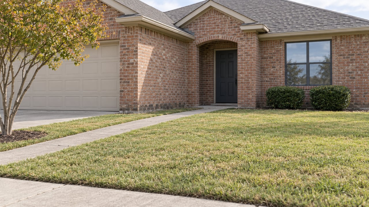 Red-brick suburban home with a beige garage, recessed dark door, and walkway crossing the lawn.