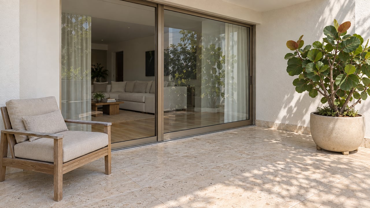Stone-tiled patio with a cushioned wooden chair, sliding glass doors, and a large potted plant.