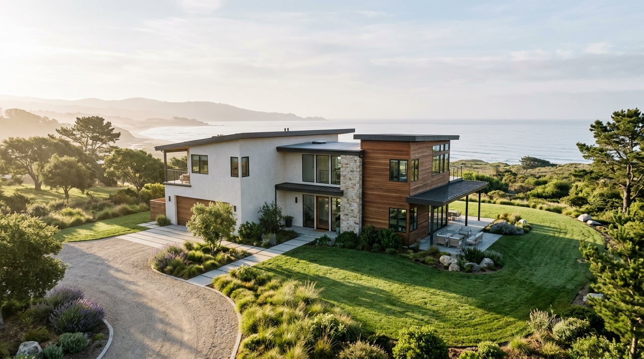 Coastal home with silver-gray cedar shingles, black-framed windows, covered porch, and a long lawn with a bluestone path.