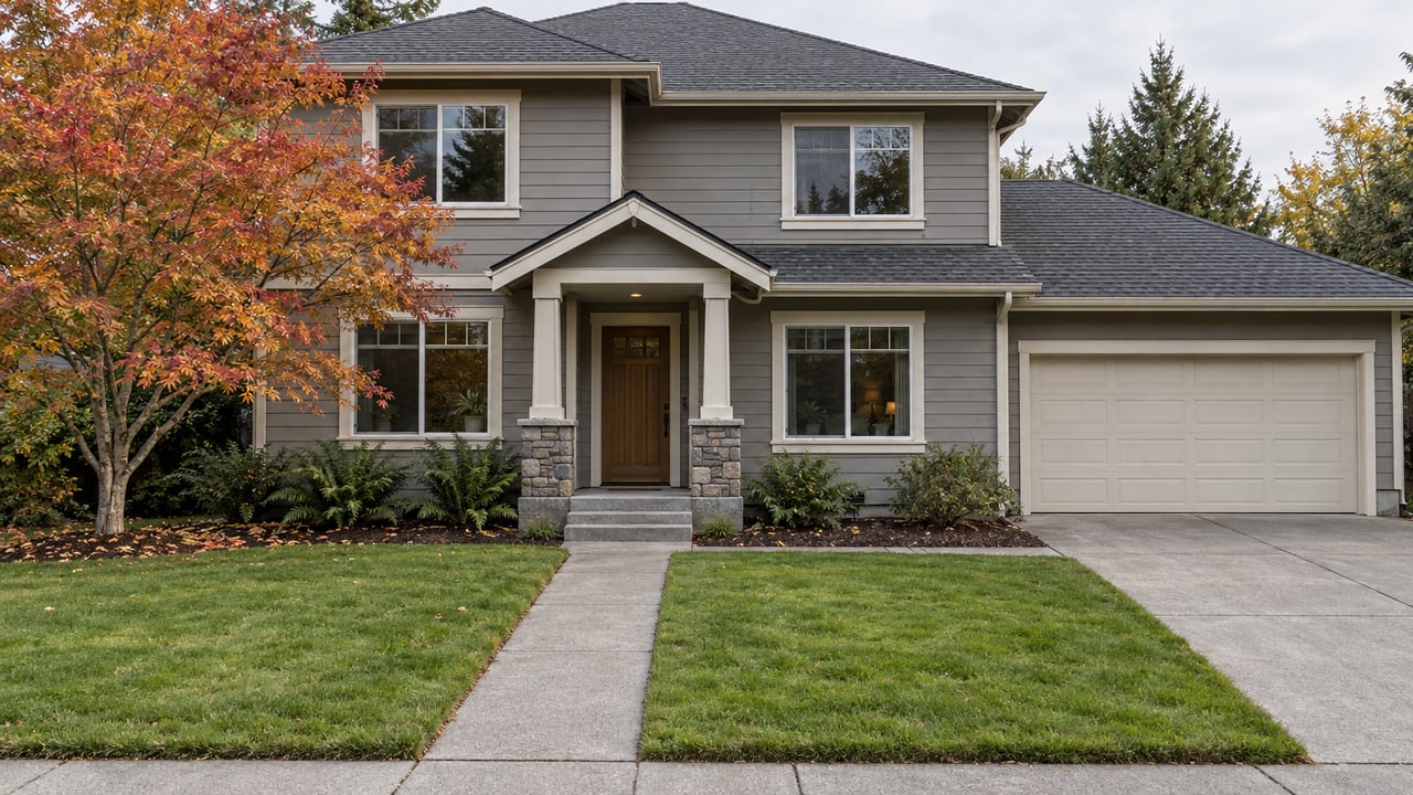 Two-story gray-sided home with a broad front lawn, concrete approach, and a red-gold vine maple beside the covered entrance.