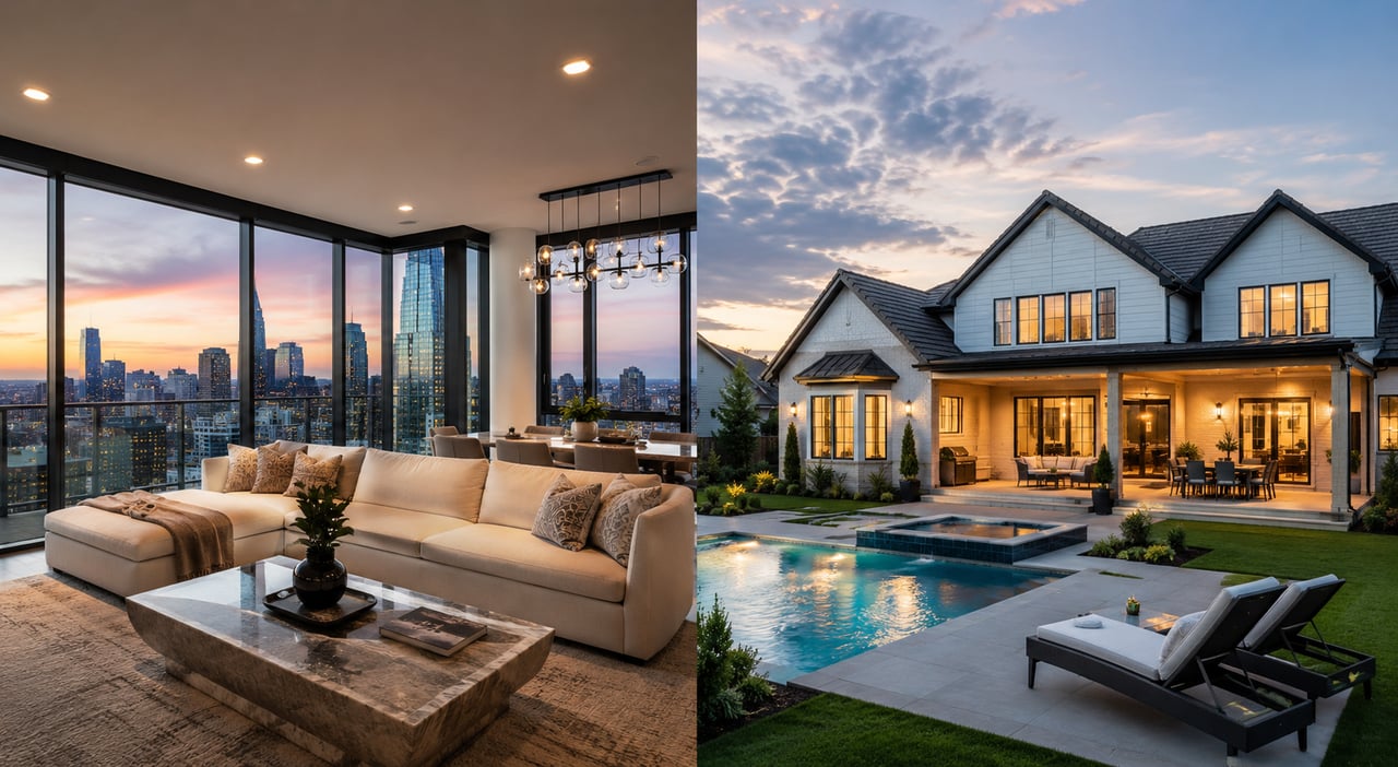 Luxury condo with panoramic city skyline views beside a luxury single-family home with a private pool and landscaped backyard, illustrating the differences between upscale condo living and luxury home ownership in Nashville and Knoxville, Tennessee.