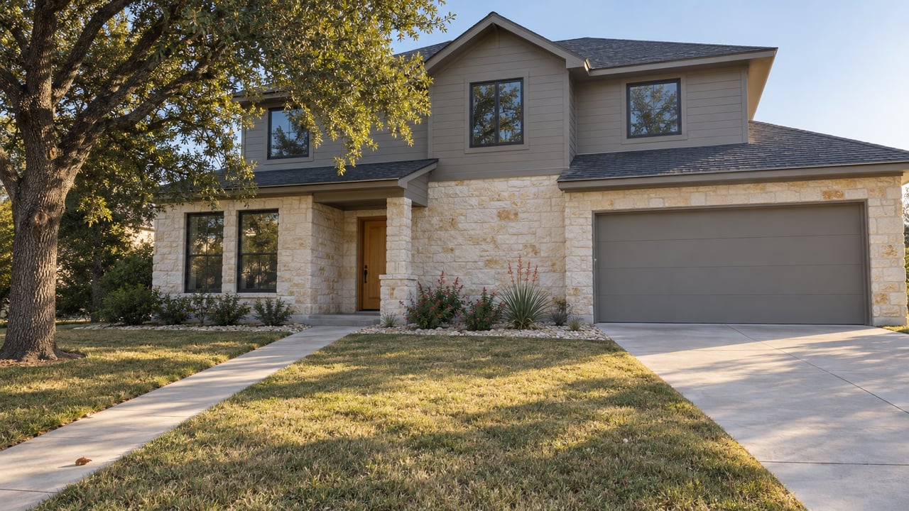 Morning light on a limestone and gray-sided home, with an oak-shaded lawn and a concrete walk leading to a covered entry.
