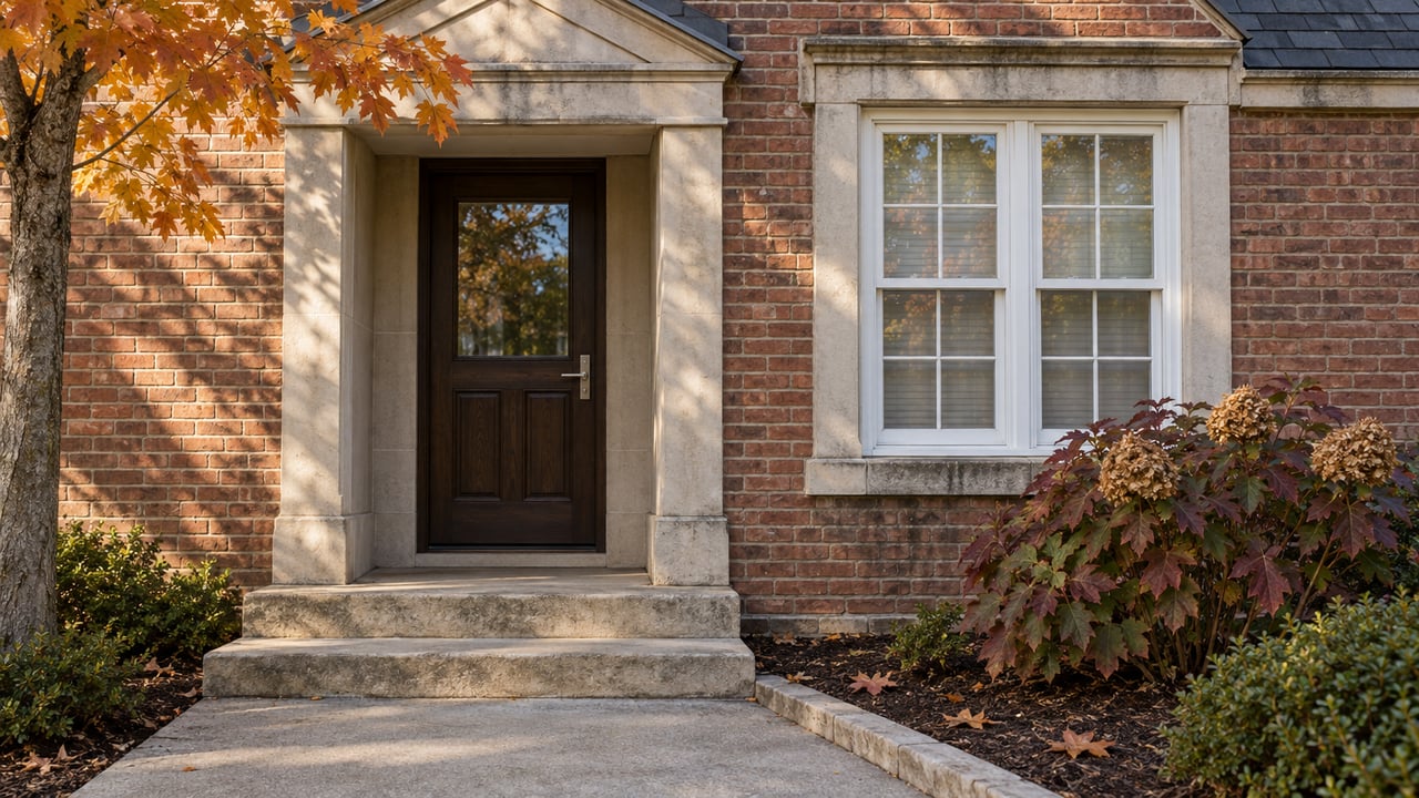 Red-brown brick entrance with a limestone surround, dark oak door, white-framed window and autumn hydrangea beside a concrete approach.