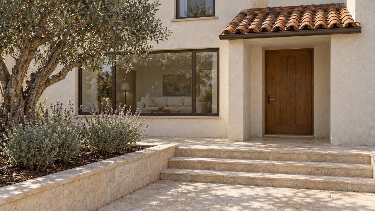 Cream stucco home with weathered clay roof tiles, bronze-framed windows, and limestone entry steps beside a sculptural olive tree.