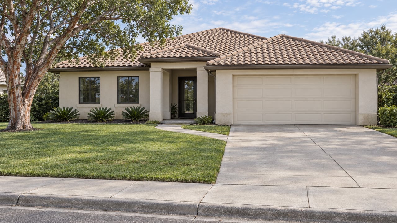 Single-story ivory stucco home with tan tile roof, broad front lawn, concrete driveway and a copper-barked shade tree.