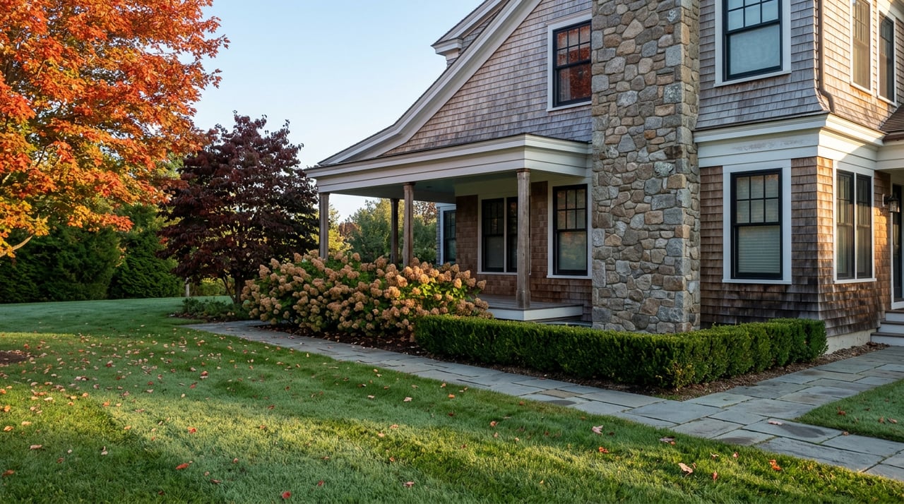 Shingle-clad estate house beyond a dew-covered lawn, with a scarlet maple canopy and maroon tupelo in autumn.