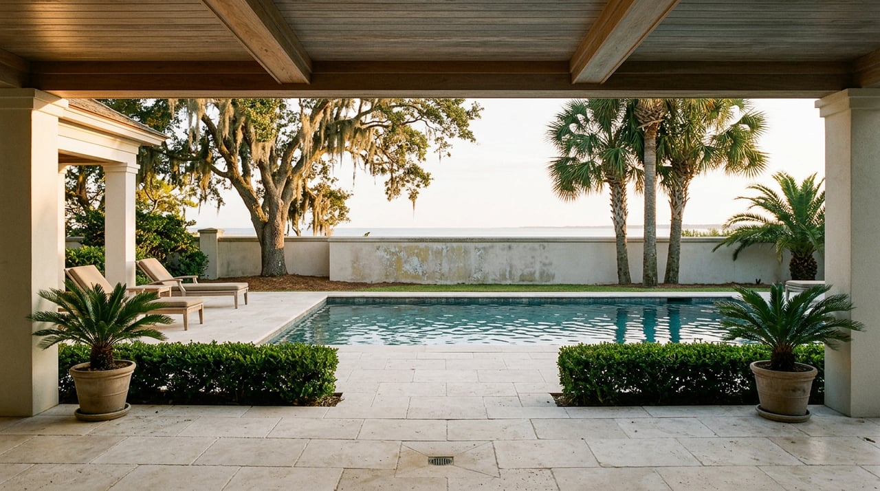 Covered loggia with cypress ceiling overlooking a turquoise pool, travertine terrace, and palm-lined garden wall.