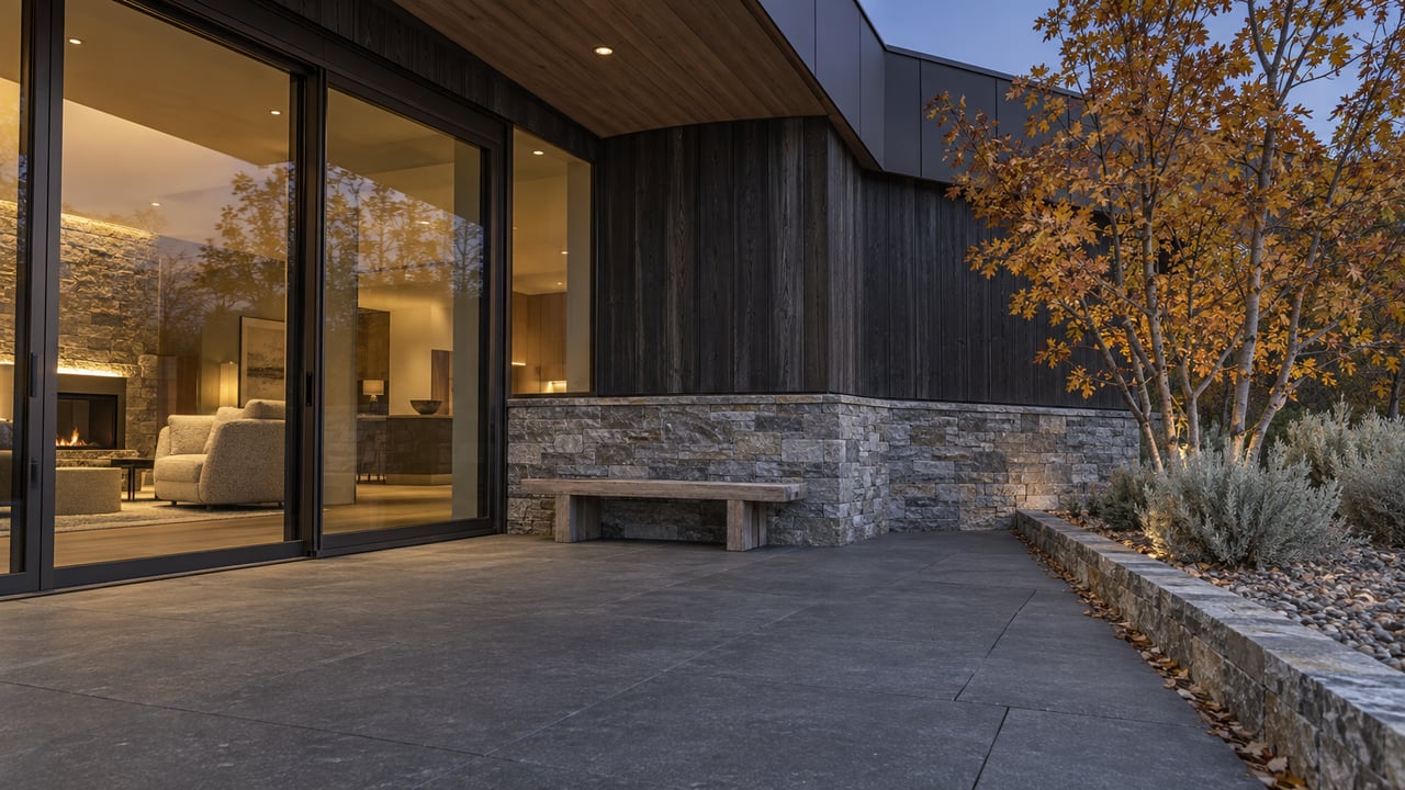 A dark-clad contemporary home with a quartzite base, warmly lit corner glazing and a stone-bordered terrace beside an autumn oak.