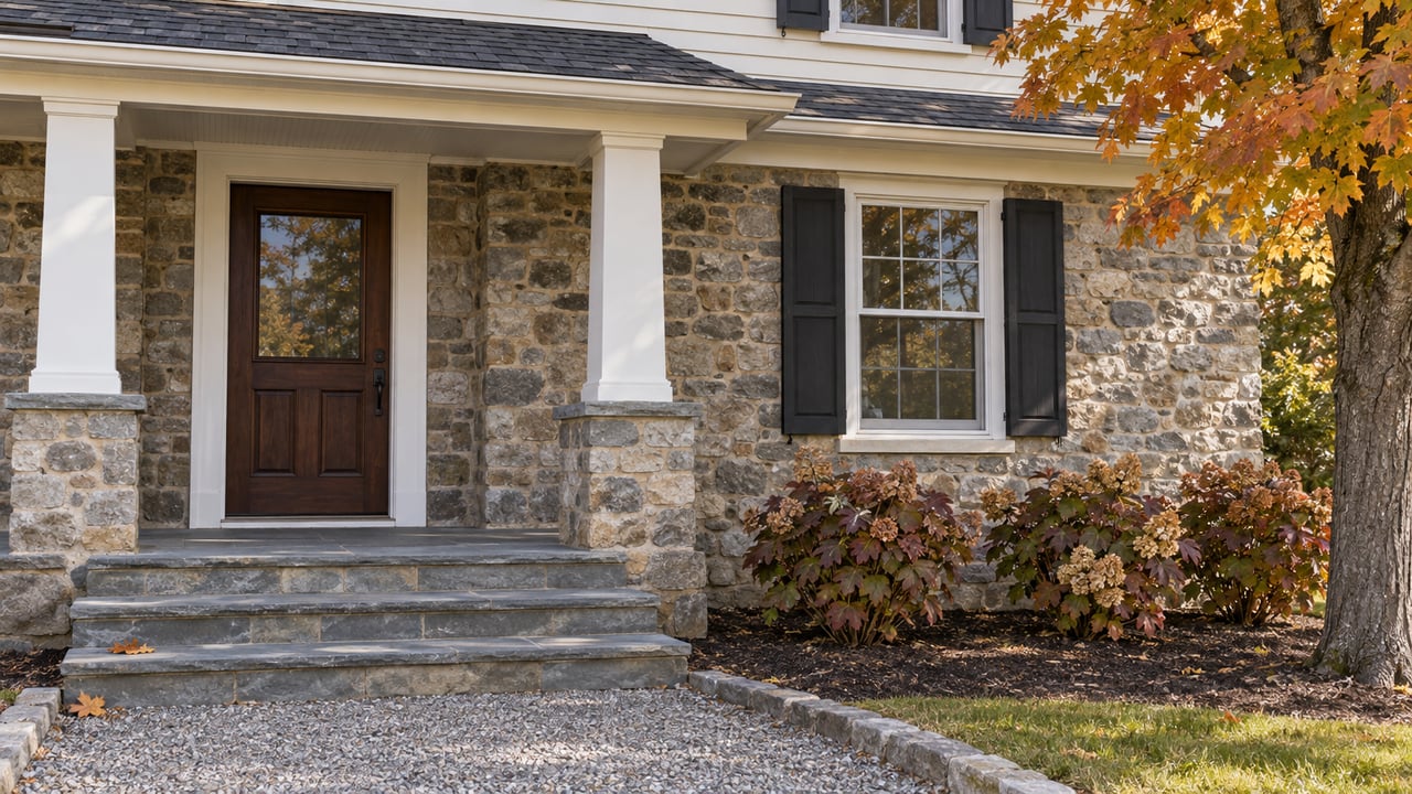Stone-and-clapboard home entry with white porch columns, bluestone steps, black shutters and autumn foliage.