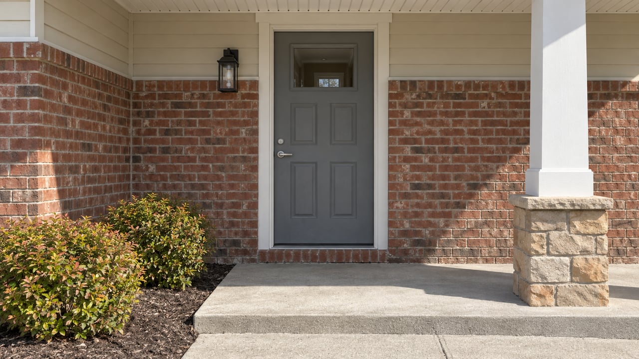 Close view of a gray paneled front door under a covered porch, with red brick, a sandstone pier, a concrete walk and two low flowering shrubs.
