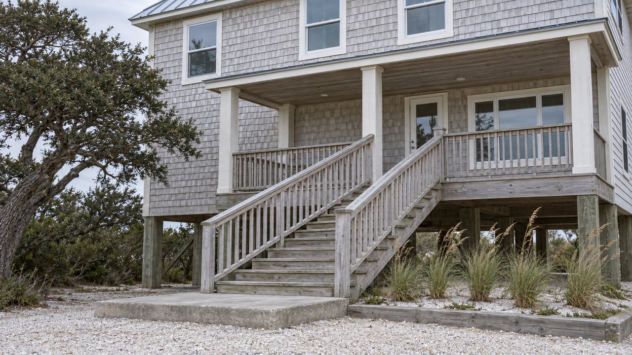 Elevated cedar-shingled beach house with a covered porch, weathered exterior stairs and sea oats in a bordered sand bed.