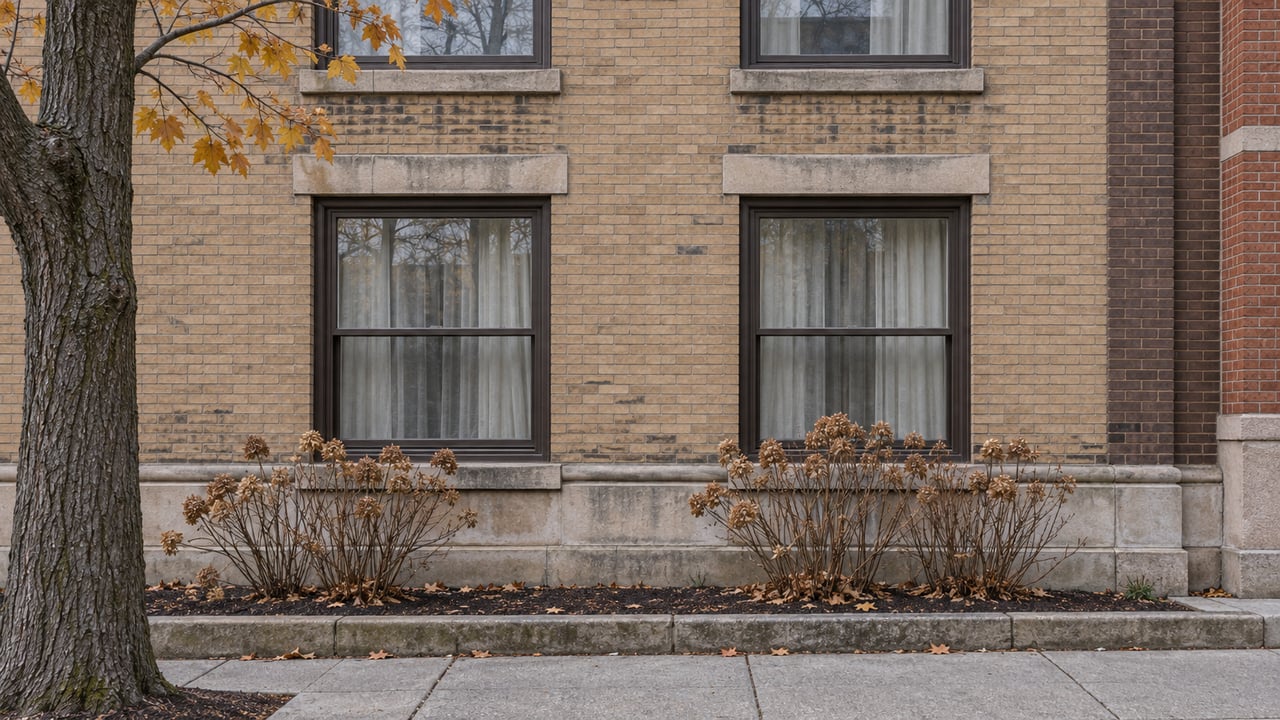 Buff-brick apartment windows above weathered limestone, with a bare maple trunk and dried hydrangea flower heads along the sidewalk.