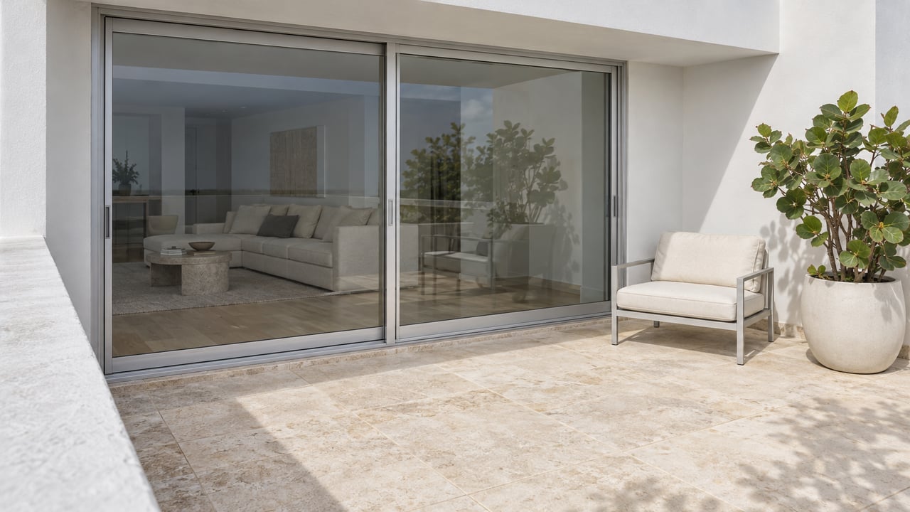 Sunlit condominium terrace with pale limestone paving, closed glass doors, an ivory lounge chair and a potted sea grape specimen.