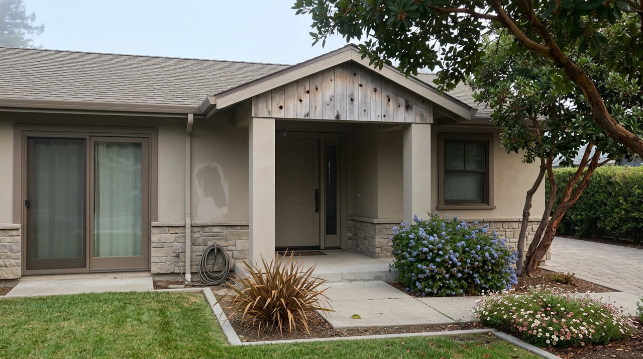 Single-story greige stucco house with cedar gable, recessed entry, bronze-framed glass door, and arched tree canopy.