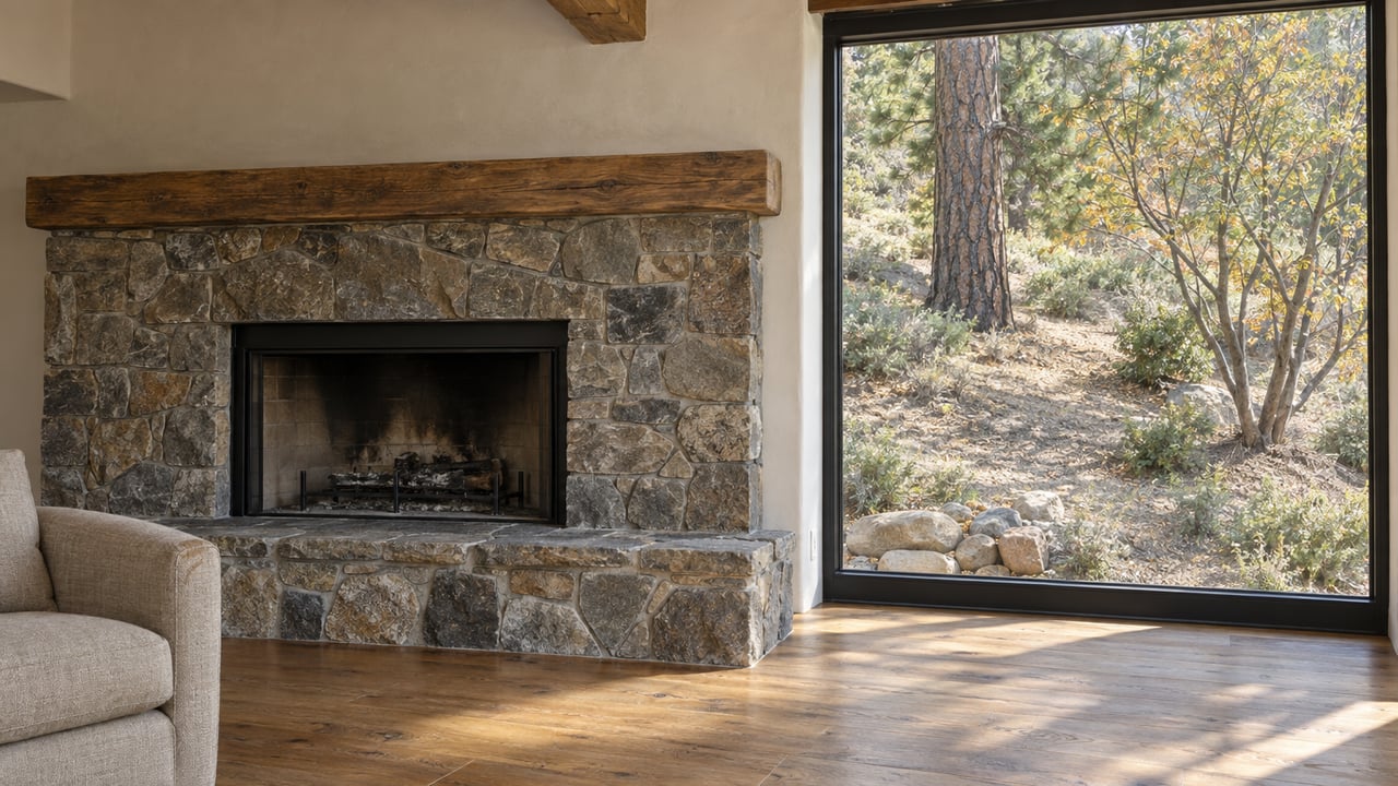 Stone fireplace and oatmeal chair beside a black-framed window overlooking a planted slope.