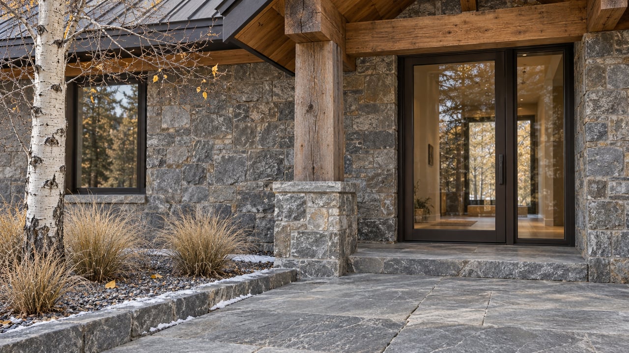 Covered timber entry with gray stone paving, bronze-framed glazing and a white-barked aspen beside a trace of snow.