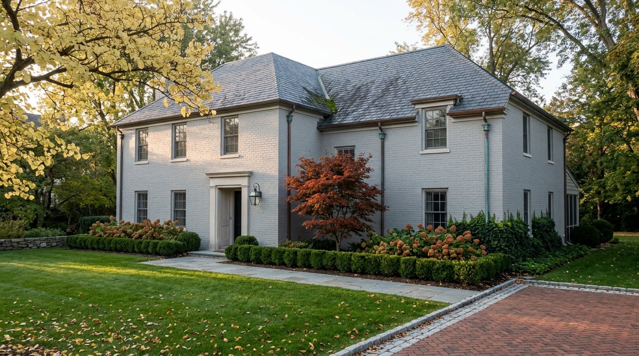 Two-story gray brick colonial with a slate roof, red-orange Japanese maple, and a flagstone path across the lawn.