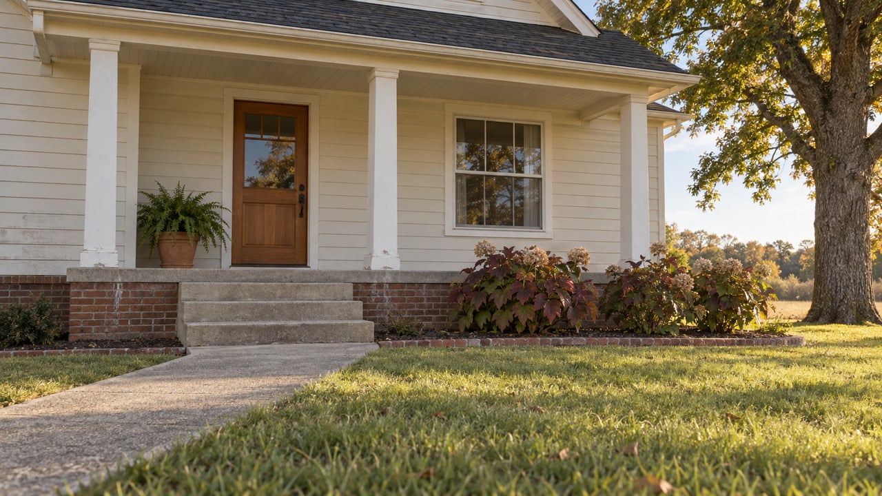 Sunlit cream-sided home with a brick foundation, concrete porch steps and a broad lawn beneath a mature white oak.