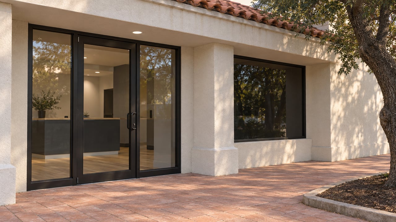 Single-story stucco storefront with dark-framed glass entry, salmon-toned pavers, and an oak at the edge.
