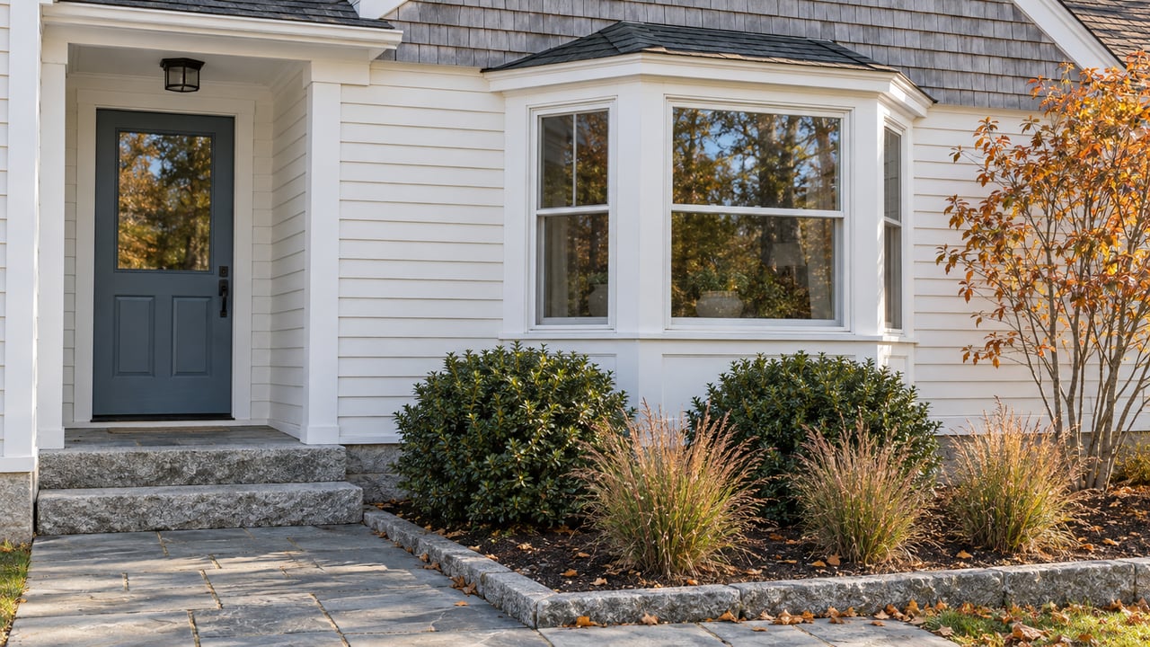 Muted blue glazed front door beside a white-trimmed bay window, granite steps, and copper-leaved garden plants.