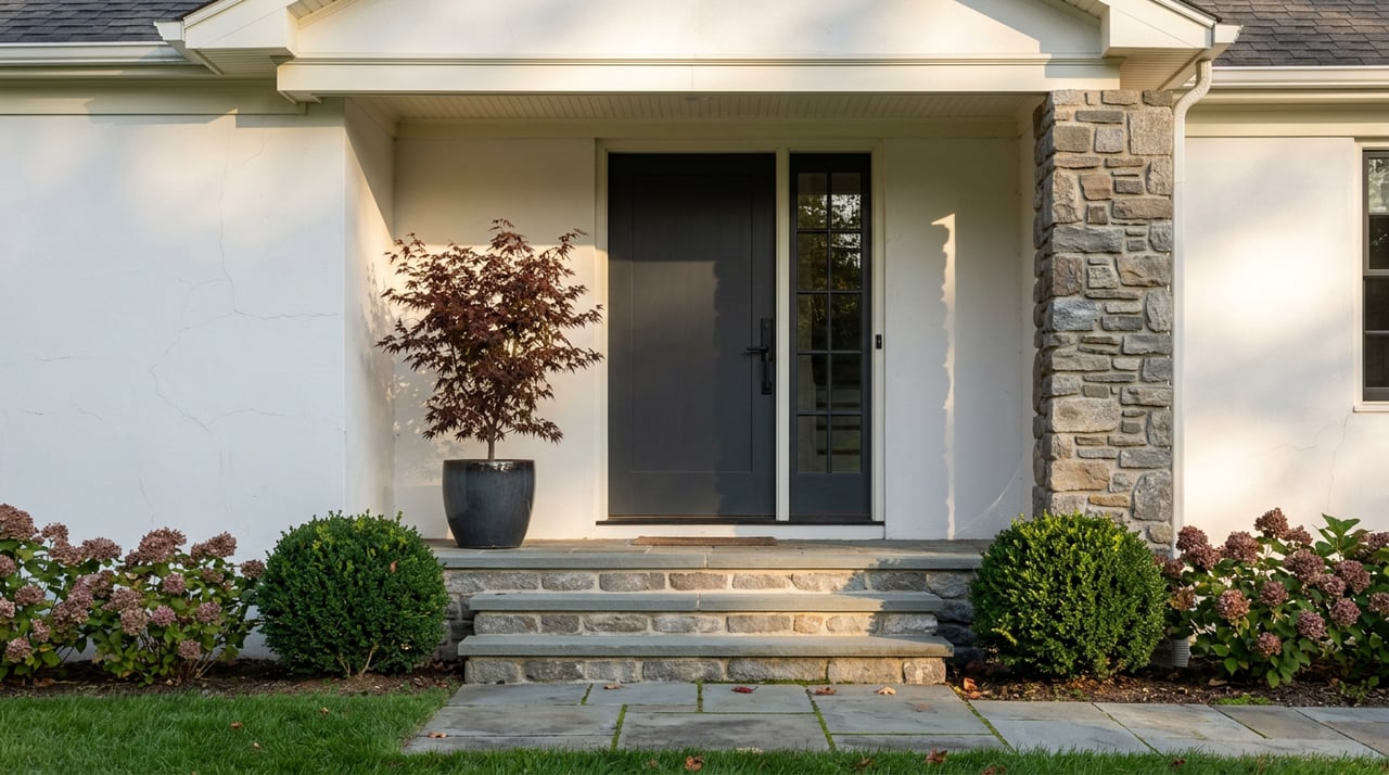 Covered home entry with charcoal door, black-framed sidelight, stacked-stone pier, bluestone steps, and burgundy maple.