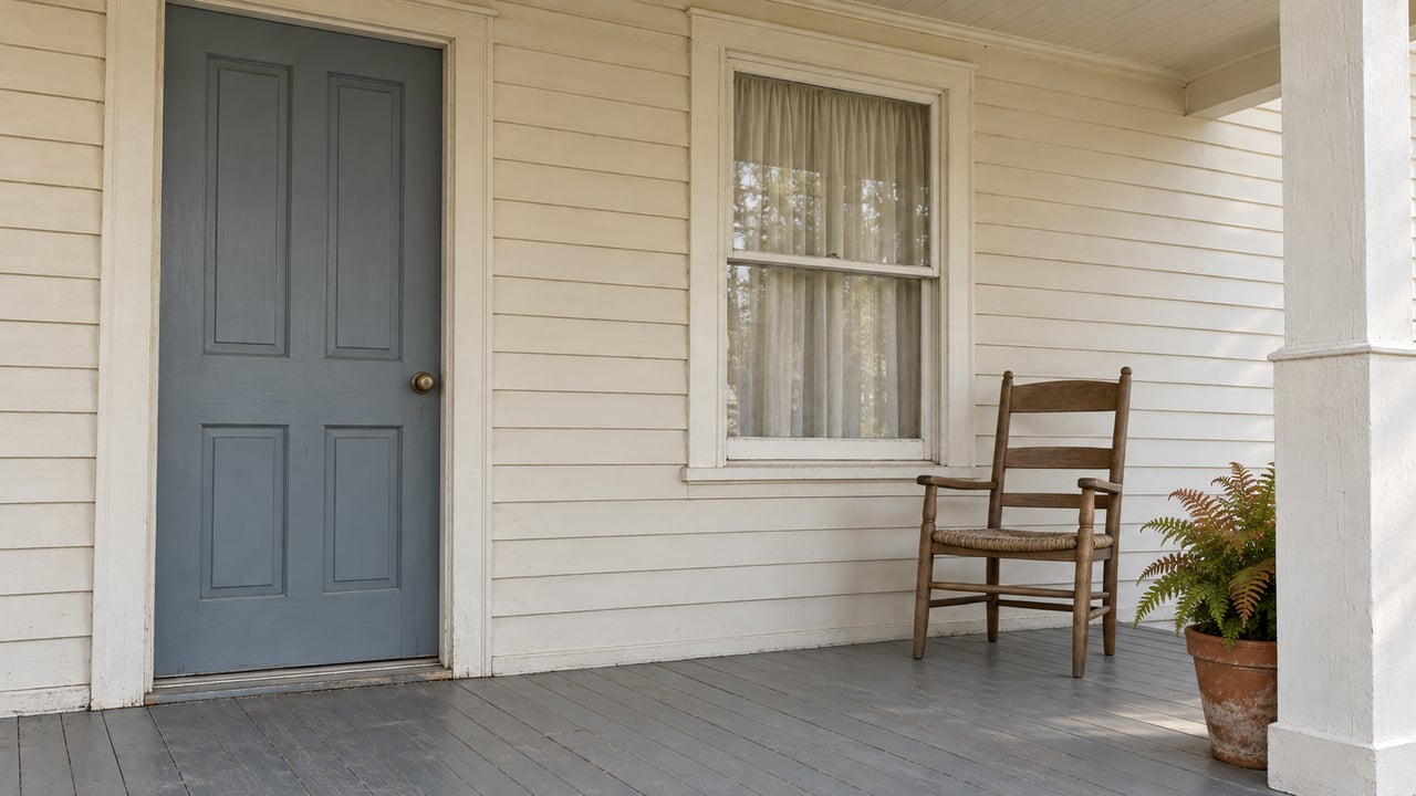 A covered porch with cream wood siding, a muted blue-gray entry door, an oak chair and a potted autumn fern.