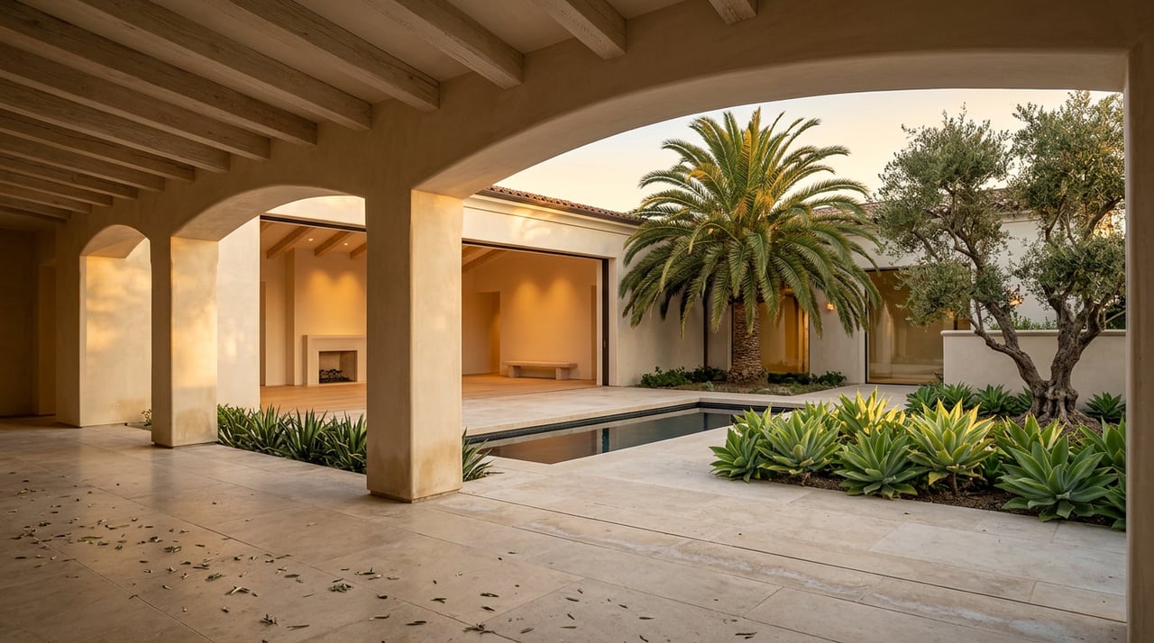 Limestone terrace and reflecting pool framed by a loggia, with a palm, olive tree, and open glass wall.