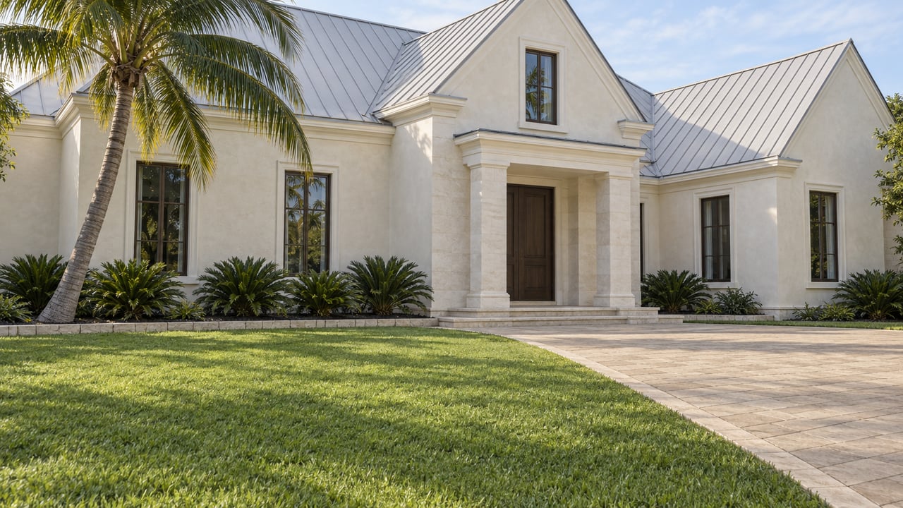 Sunlit ivory stucco residence with pale gabled roofs, limestone entry steps, a broad front lawn and one mature coconut palm.