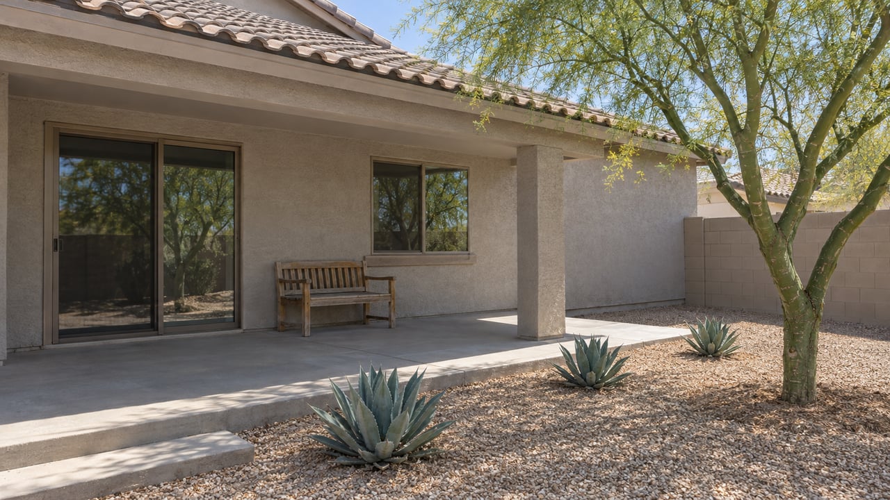 A shaded patio beside a single-story stucco home, with a wooden bench, closed glass doors and a sunlit gravel garden.