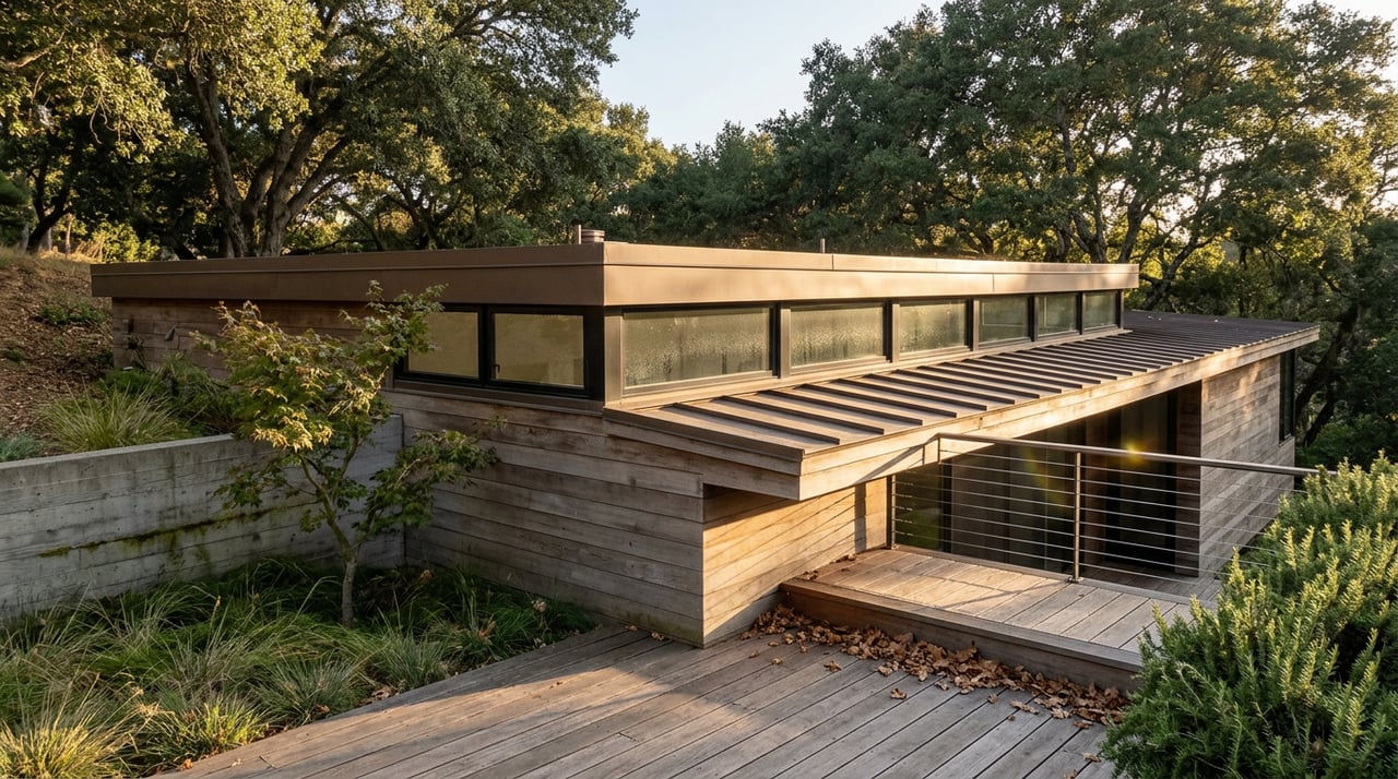 Hillside home with a bronze standing-seam roof and stepped wood deck beneath an oak canopy.