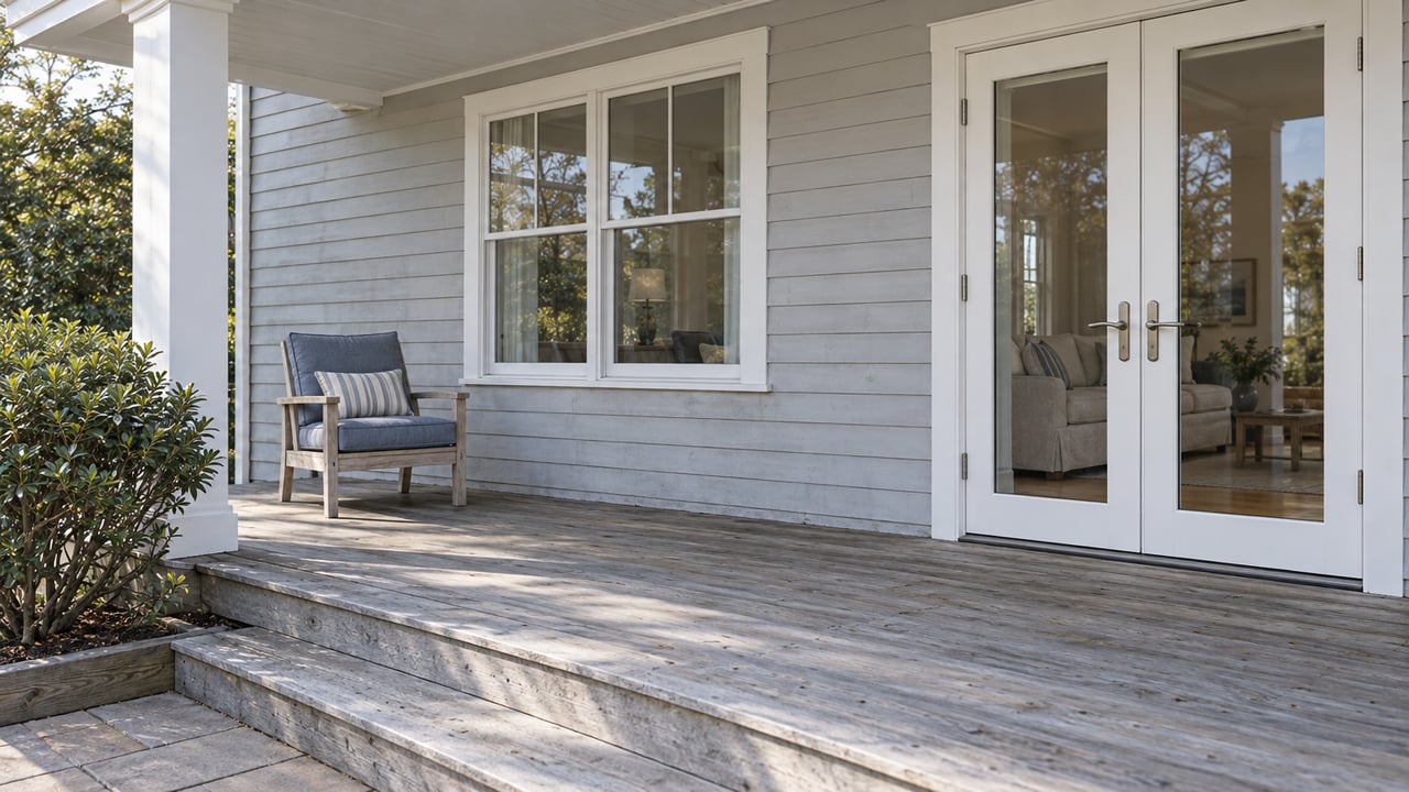Weathered gray porch decking beside pale clapboard siding, white-framed glass doors, and a blue-gray cushioned chair.