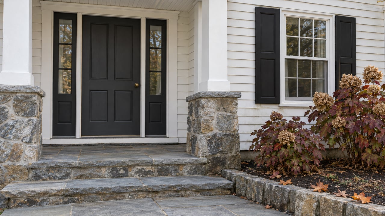 Covered white clapboard entry with gray fieldstone piers, a charcoal door and matching sidelights, worn stone steps and burgundy oakleaf hydrangeas.