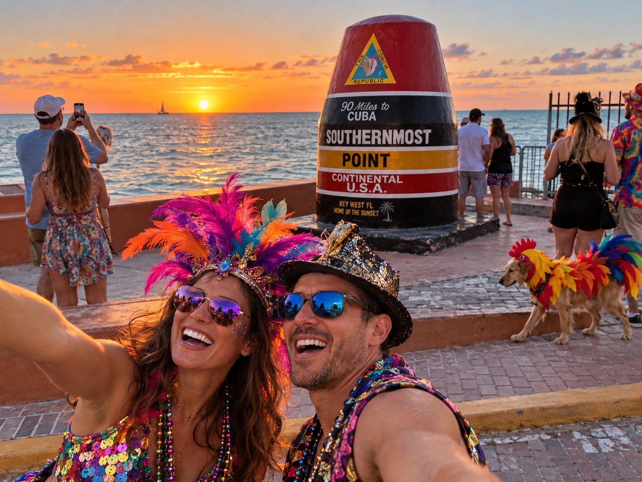 Visitors take a selfie beside Key West’s Southernmost Point marker at sunset.