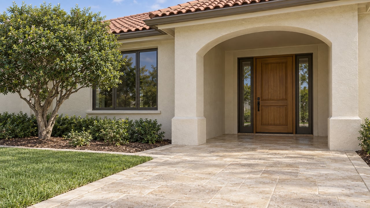 Cream stucco home with a terracotta roof, shaded arched entry, wood door and travertine approach beside a green lawn and sculptural tree.