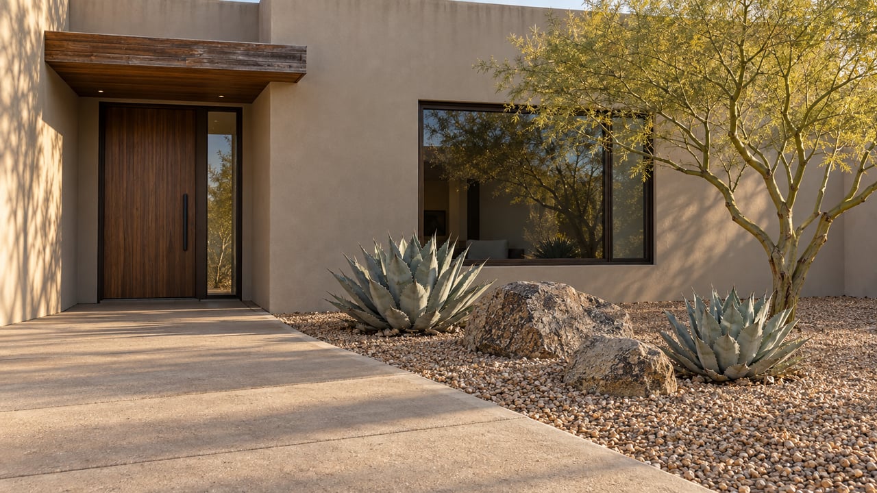 Warm greige modern home with a recessed wood entry, dark-framed window, broad concrete approach and sculptural desert planting in afternoon light.