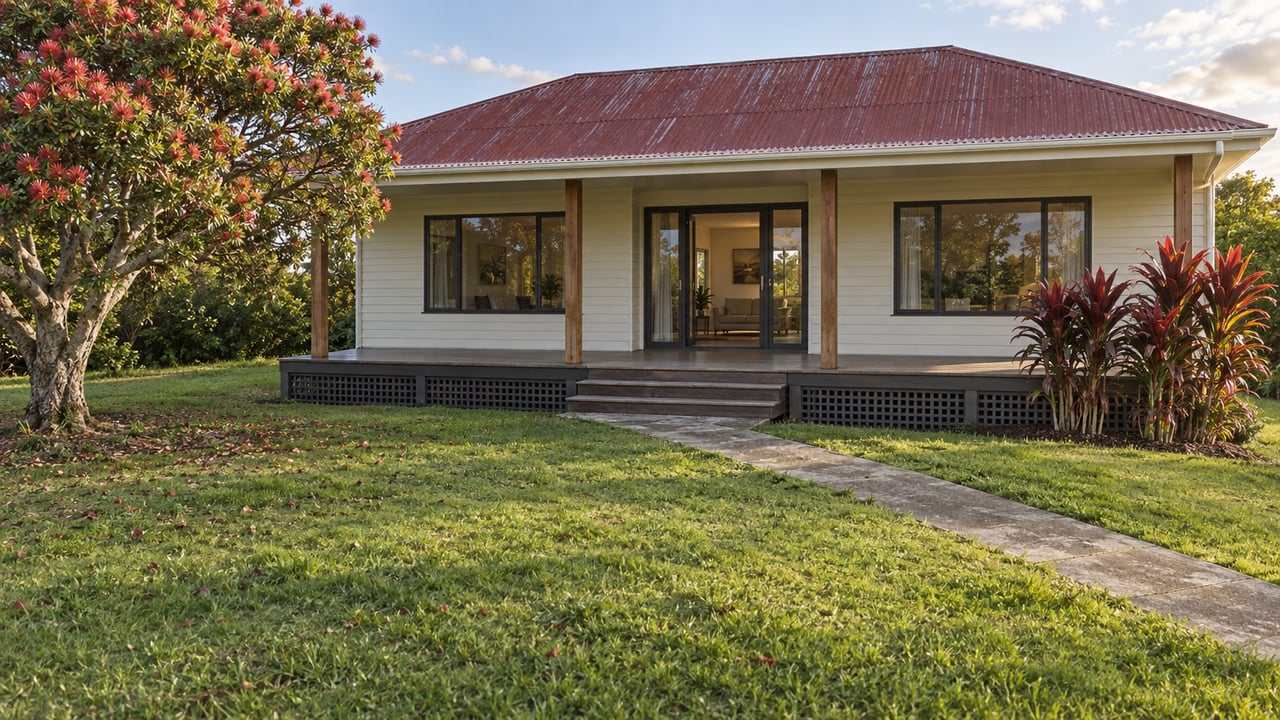 Cream-sided cottage with a weathered red roof beyond a broad lawn and diagonal concrete path, shaded by a spreading tree.